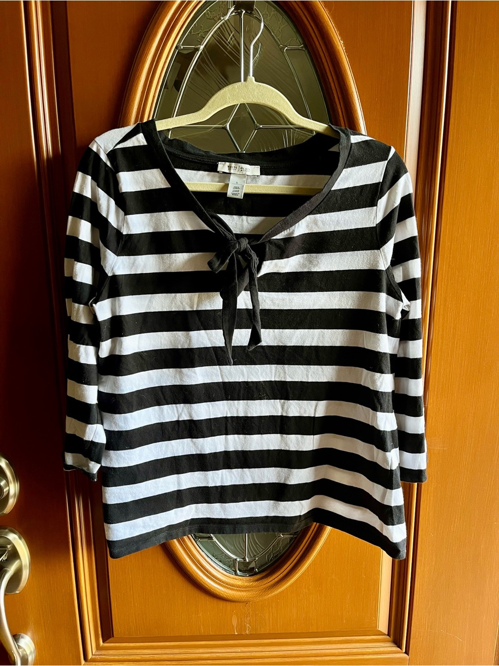 White House Black Market Black and White Striped Tie-Front Top Large 100% Cotton